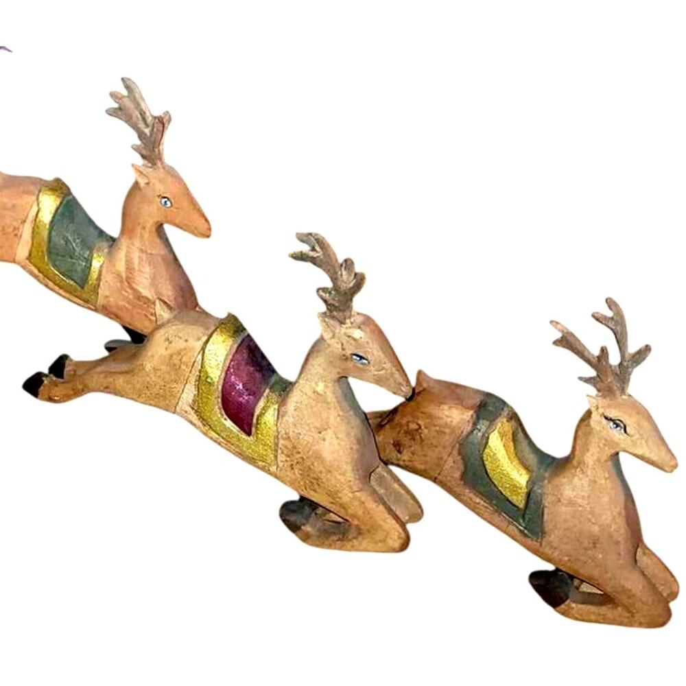 3 Hand Carved Wood Flying Reindeer Ready to Guide Any Sleigh in Any Weather